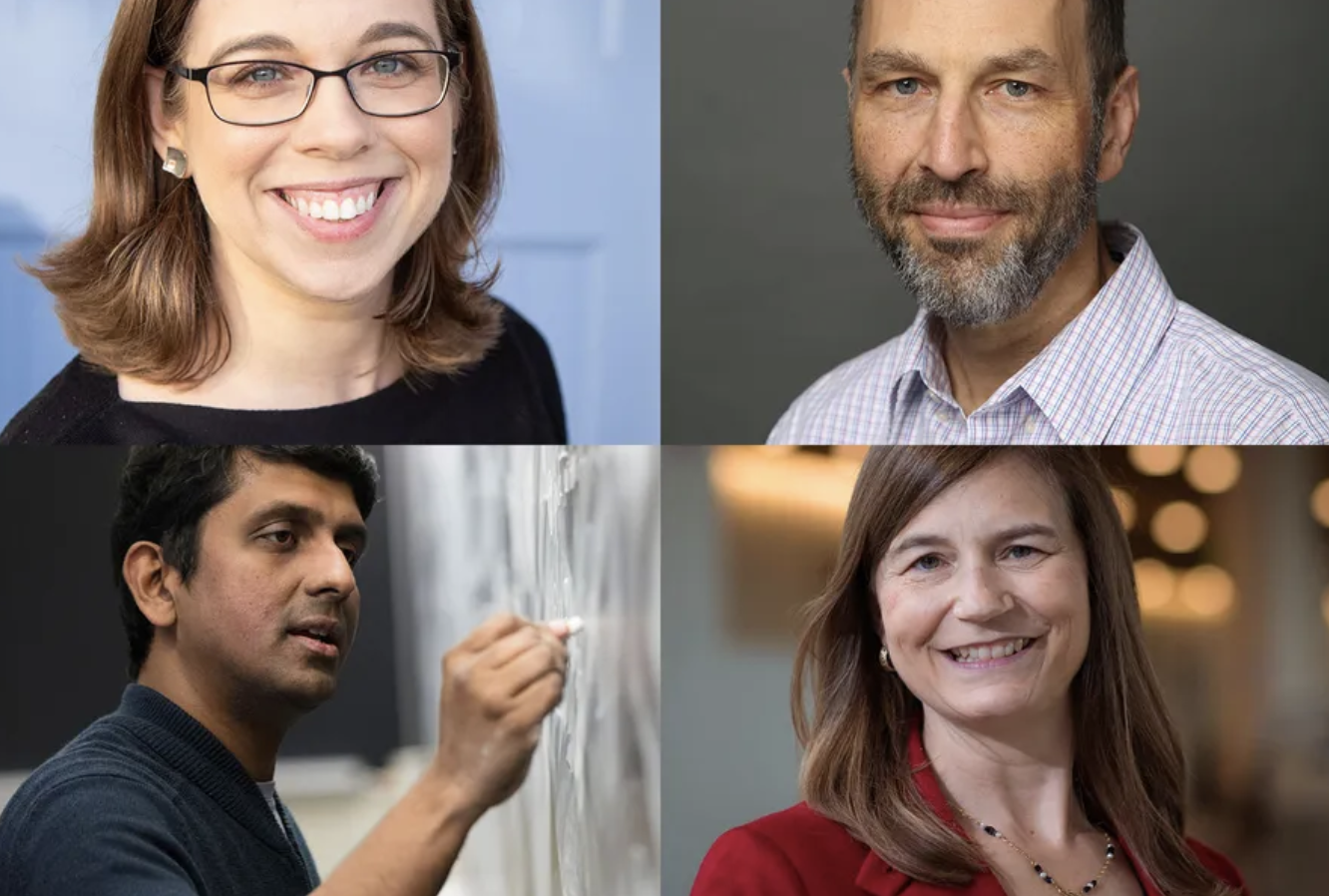 The 2024 MacVicar Faculty Fellows are (clockwise from top left): Emily Richmond Pollock, Karl Berggren, Andrea Campbell, and Vinod Vaikuntanathan. Photos (clockwise from top left): David Kinder, Elevin Studios, Gretchen Ertl, and Scott Brauer.